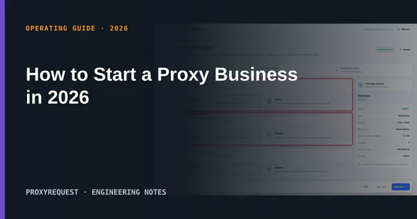 ProxyRequest package setup screen behind a branded cover for the guide to starting a proxy business