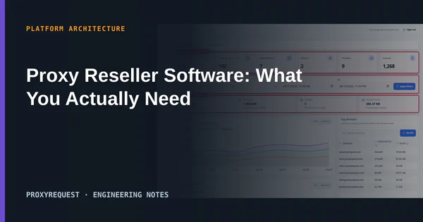 ProxyRequest analytics dashboard behind a branded cover explaining the proxy reseller software stack