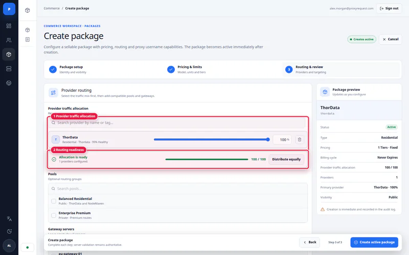 ProxyRequest product routing configuration showing selection rules across upstream capacity