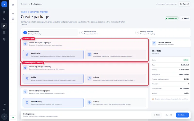 ProxyRequest admin package setup screen showing a product configuration workflow