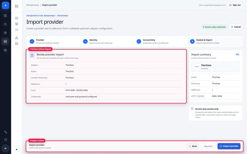 ProxyRequest provider import review showing an upstream configuration before activation
