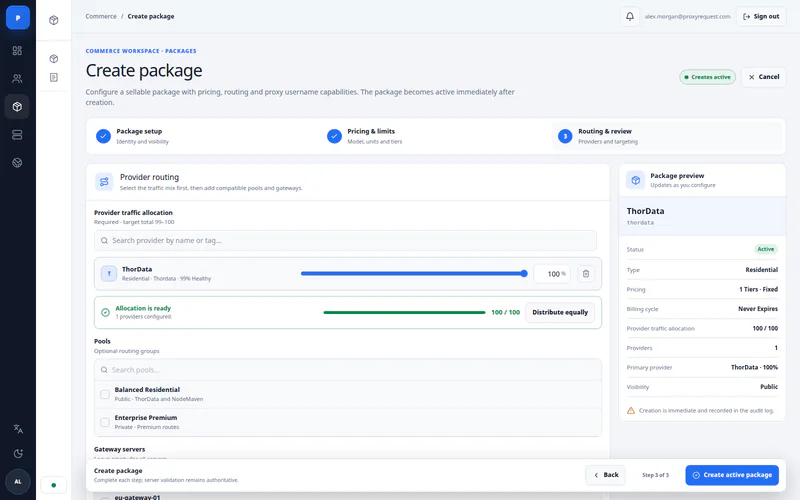 ProxyRequest package creation workflow showing provider traffic allocation, pools, and package review