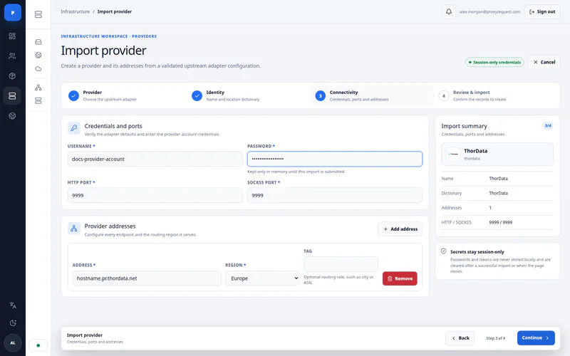 ProxyRequest provider import wizard showing credentials, ports, addresses, and review progress