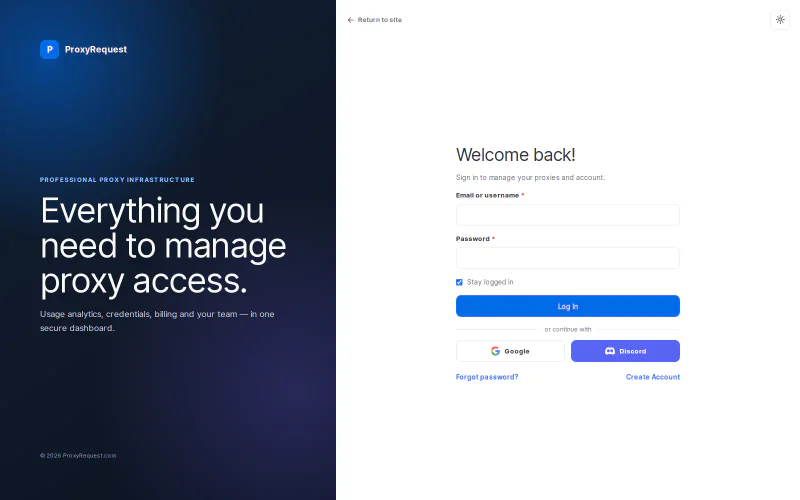 ProxyRequest customer dashboard sign-in with brand identity and customer login controls