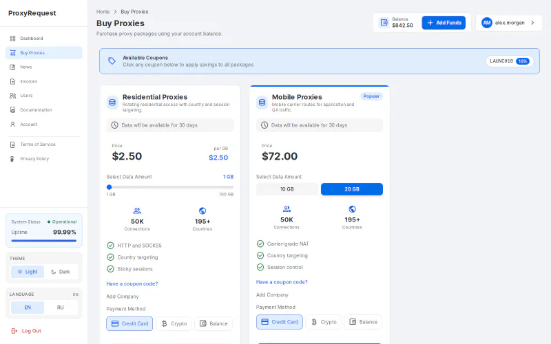 ProxyRequest proxy package catalog with product pricing and coupons