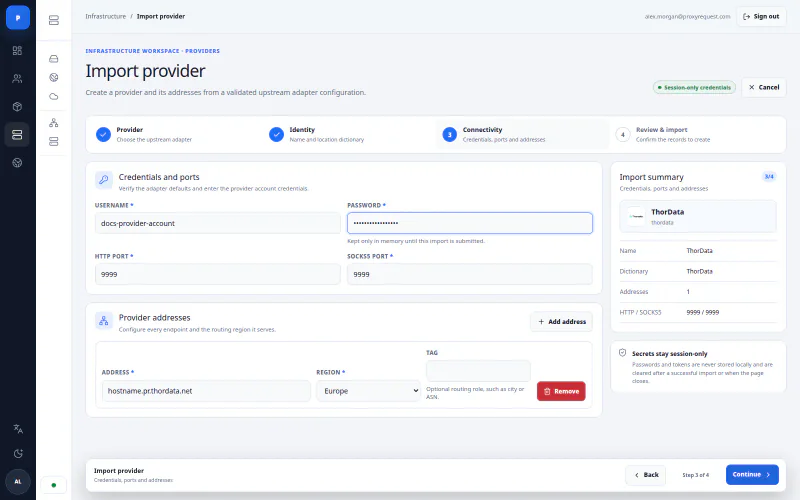 ProxyRequest provider onboarding wizard with credentials, ports, and endpoint summary