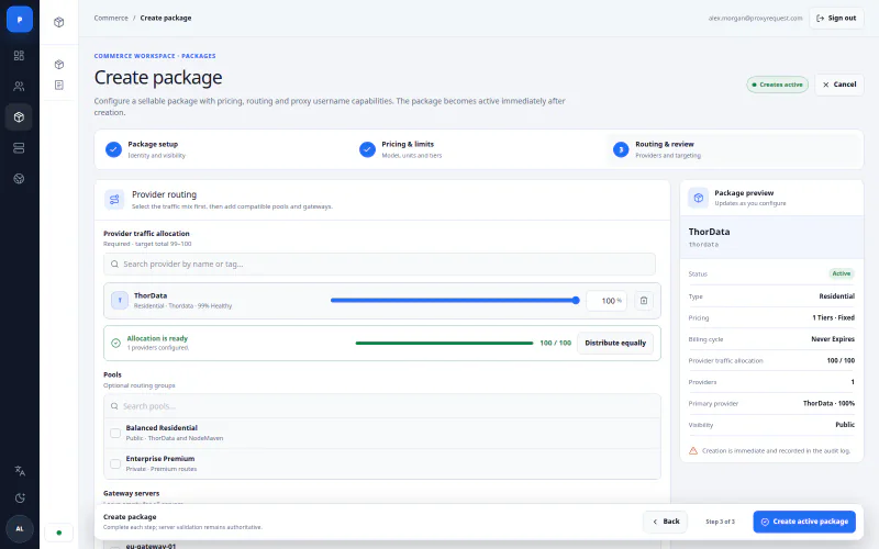 ProxyRequest package routing with provider allocation, pools, and readiness summary